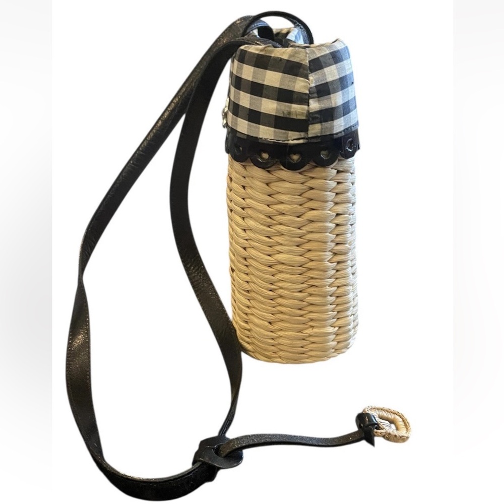 Brighton Vintage Rattan Gingham Black White Leather Handbag Heart Charm - Picture 5 of 11